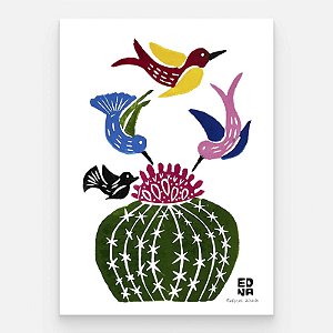 Xilogravura "Coroa de Frade com Pássaros" P 2026 - Edna - PE