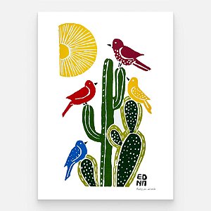 Xilogravura "Cactos e Pássaros" P - Edna - PE
