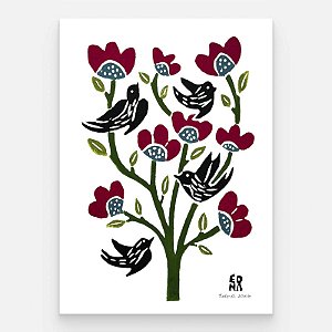 Xilogravura "Pássaros e Flores 3" P 2026 - Edna - PE