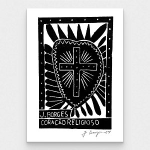 Xilogravura Coração Religioso P - assinada por J. Borges - PE (Última peça)