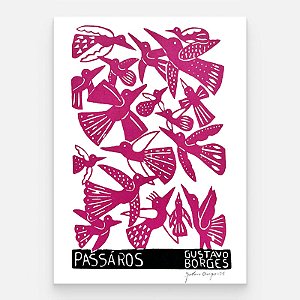 Xilogravura Pássaros Rosa P - Gustavo Borges - PE