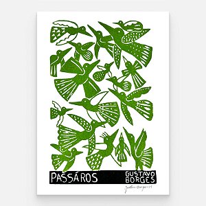 Xilogravura Pássaros Verdes P - Gustavo Borges - PE