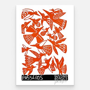 Xilogravura Pássaros Laranja P - Gustavo Borges - PE