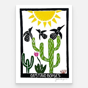 Xilogravura Cactos e Pássaros P - Gustavo Borges - PE
