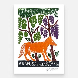 Xilogravura "Raposa e as Uvas" P - J. Miguel - PE
