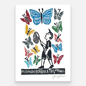 Xilogravura "Pegando Borboletas" P - J. Miguel - PE