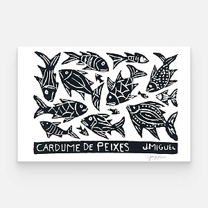 Xilogravura "Cardume de Peixes" P - J. Miguel - PE