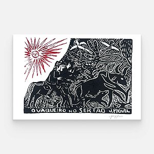 Xilogravura "O Vaqueiro no Sertão" P - J. Miguel - PE
