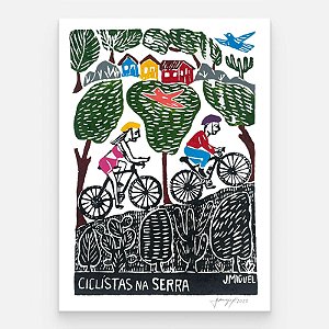 Xilogravura "Ciclistas na Serra" M - J. Miguel - PE