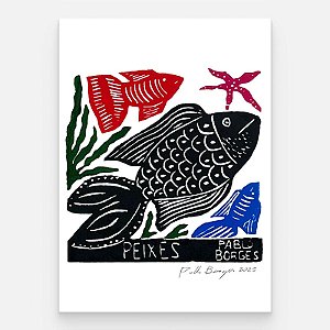 Xilogravura "Peixes" P - Pablo Borges - PE