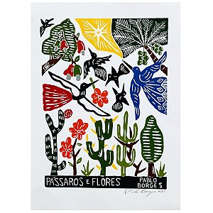 Xilogravura ''Pássaros e Flores" M - Pablo Borges - PE