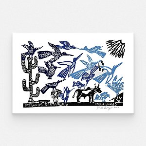 Xilogravura ''Pássaros Sertanejos Azuis" G - Pablo Borges - PE