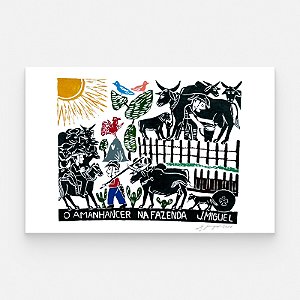 Xilogravura "O Amanhecer na Fazenda" M - J. Miguel - PE