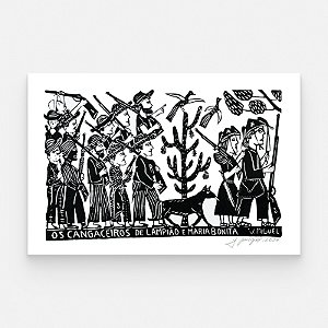 Xilogravura "Os Cangaceiros de Lampião e Maria Bonita" G - J. Miguel - PE