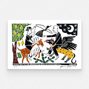 Xilogravura "O Encontro de J. Borges e Ariano no Armorial" 9/100 - Bacaro Borges - PE (Raridade)