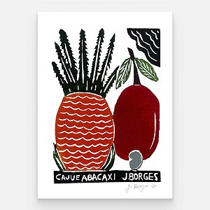Xilogravura Caju e Abacaxi M - assinada por J. Borges - PE (Garimpo Especial)