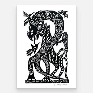 Xilogravura Briga da Onça com a Serpente G - assinada por J. Borges - PE (Garimpo Especial)