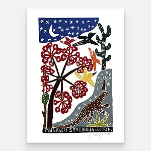 Xilogravura Paisagem Sertaneja G - assinada por J. Borges - PE (Garimpo Especial)