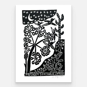 Xilogravura Paisagem Sertaneja G - assinada por J. Borges - PE (Garimpo Especial)
