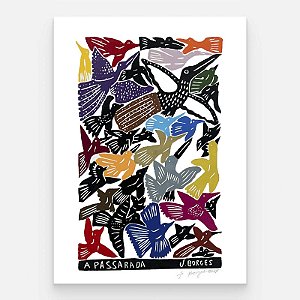 Xilogravura A Passarada G - assinada por J. Borges - PE (Garimpo Especial)