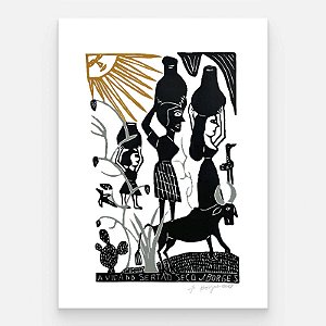 Xilogravura A Vida no Sertão Seco G - assinada por J. Borges - PE (Garimpo Especial)