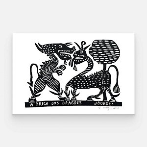 Xilogravura A Briga dos Dragões G - assinada por J. Borges - PE (Garimpo Especial)