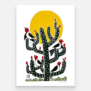Xilogravura "Galo de Campina no Faxeiro" G - Edna - PE