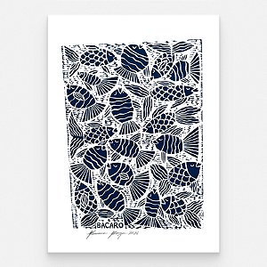 Xilogravura "Peixes Azul" M 2026 - Bacaro Borges - PE
