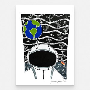 Xilogravura "Astronauta" G 2026 - Bacaro Borges - PE