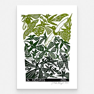 Xilogravura ''36 Pássaros Degradê Verde" G 2026 - Pablo Borges - PE