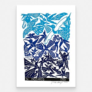 Xilogravura ''36 Pássaros Degradê Azul" G 2026 - Pablo Borges - PE