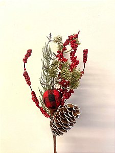 Galho Pick Frutinha vermelha e Pinha Nevada Natal 25cm 01un