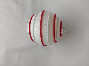 Bola Natal Decorada Glitter Branco com Vermelho 10cm 03un.