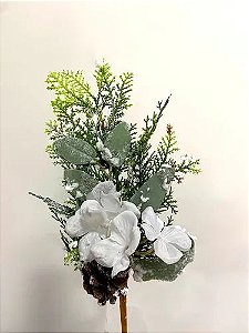 Enfeite Galho Flores Branco/Verde 35Cm Natal