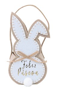 Cesta Decorativa Feltro Coelho Branco Laço Feliz Páscoa