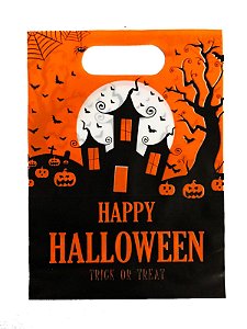 Sacola plástica Happy Halloween Castelo Morcego Abobora 18x25 cm 10 un