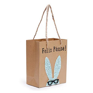 Sacola Papel Coelho Glitter Azul Feliz Páscoa 12x15x6cm