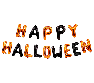 Balão Metalizado Happy Halloween Preto Laranja 40cm