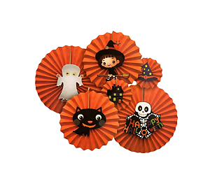 Kit Enfeite Leque de Papel Laranja Halloween 20/30/40cm 6Un