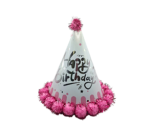 Chapéuzinho Aniversário Happy Birthday Pompom Rosa 1Un