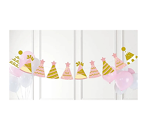 Faixa Decorativa Parabéns Chapeuzinhos Rosa e Dourado