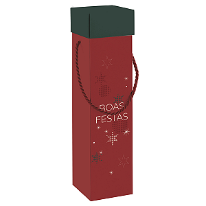 Caixa Presente P/ Vinho C/ Alça Boas Festas 8x33cm 1un