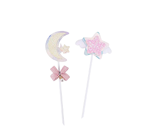 Topo de Bolo Animado com Glitter Lua e Estrela