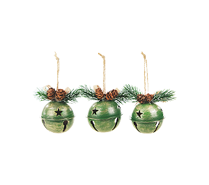 Enfeite Pendurar Guizo Verde c/ Pinha Decoração Natal 3Un