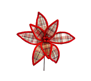Galho Poinsetia Juta Xadrez Vermelho Decoração Natal 1Un