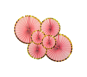 Kit Enfeite Leque Papel 20/30/40cm 6un - Rosa Borda Dourada