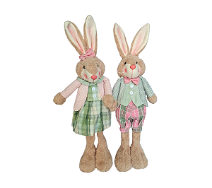 Enfeite Decorativo Casal Coelhos em Pé Pascoa Verde/Rosa