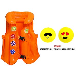 Kit Aquático Infantil Bola De Emoji E Colete Com Câmera De Ar