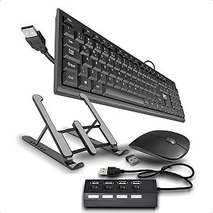 Kit Mouse E Teclado Com Hub Usb E Base Articulável Notebook