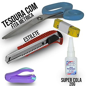 Kit Papelaria 4 Em 1 Com Tesoura Estilete Seladora E Cola